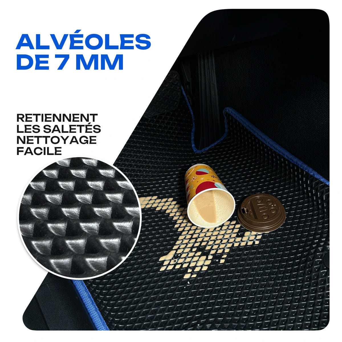 Alvéoles de 7 mm retenant les saletés et faciles à nettoyer